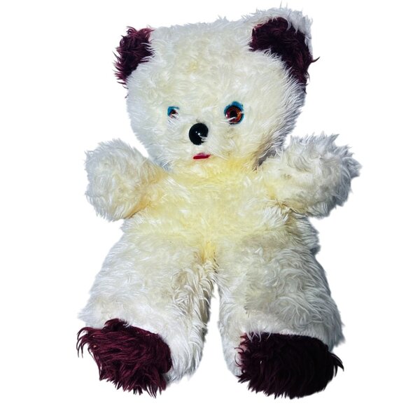 Vintage White & Brown 16" Shaggy Teddy Bear Plush Blue Eyes Needs Repair - Picture 2 of 8